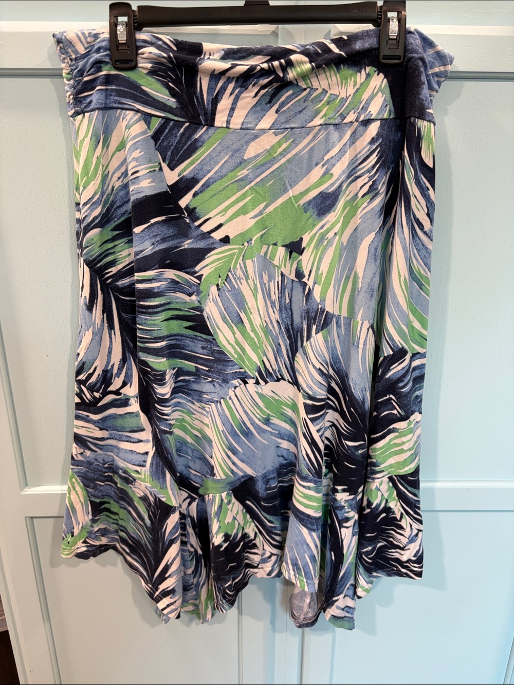 Asymmetrical Palm-Print Ruffle Skirt - Blue, Green & White